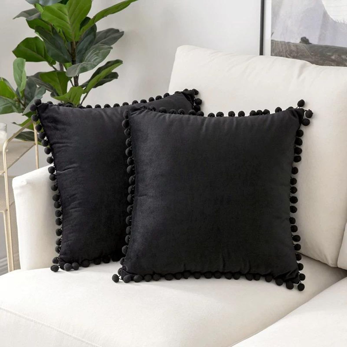 GENERICO - Fundas de cojín con pompón Negro pack 4