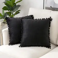GENERICO - Fundas de cojín con pompón Negro pack 4