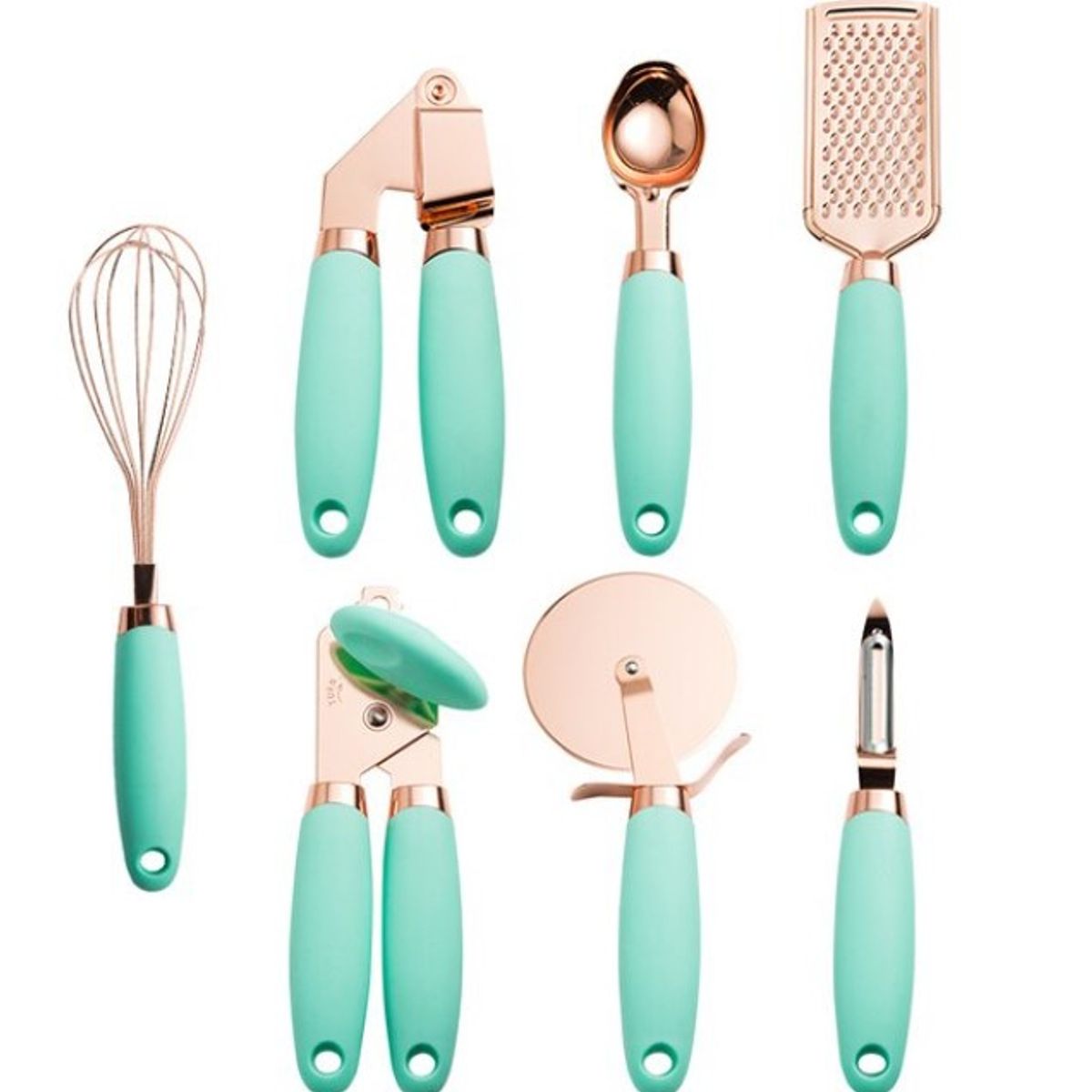 GENERICO - Set De 7 Utensilios De Cocina Color Cobre Mango Verde