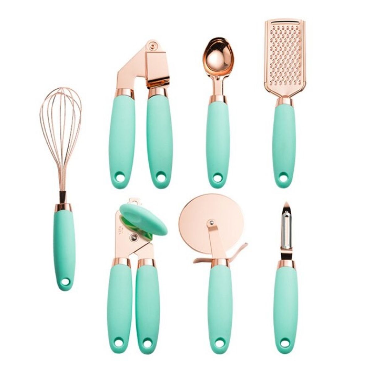 GENERICO - Set De 7 Utensilios De Cocina Color Cobre Mango Verde