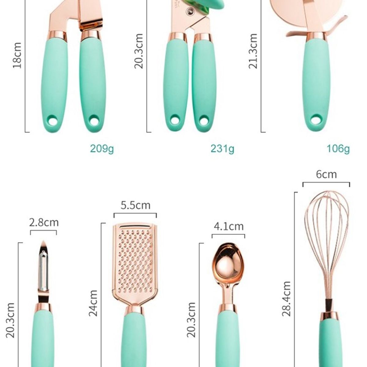 GENERICO - Set De 7 Utensilios De Cocina Color Cobre Mango Verde