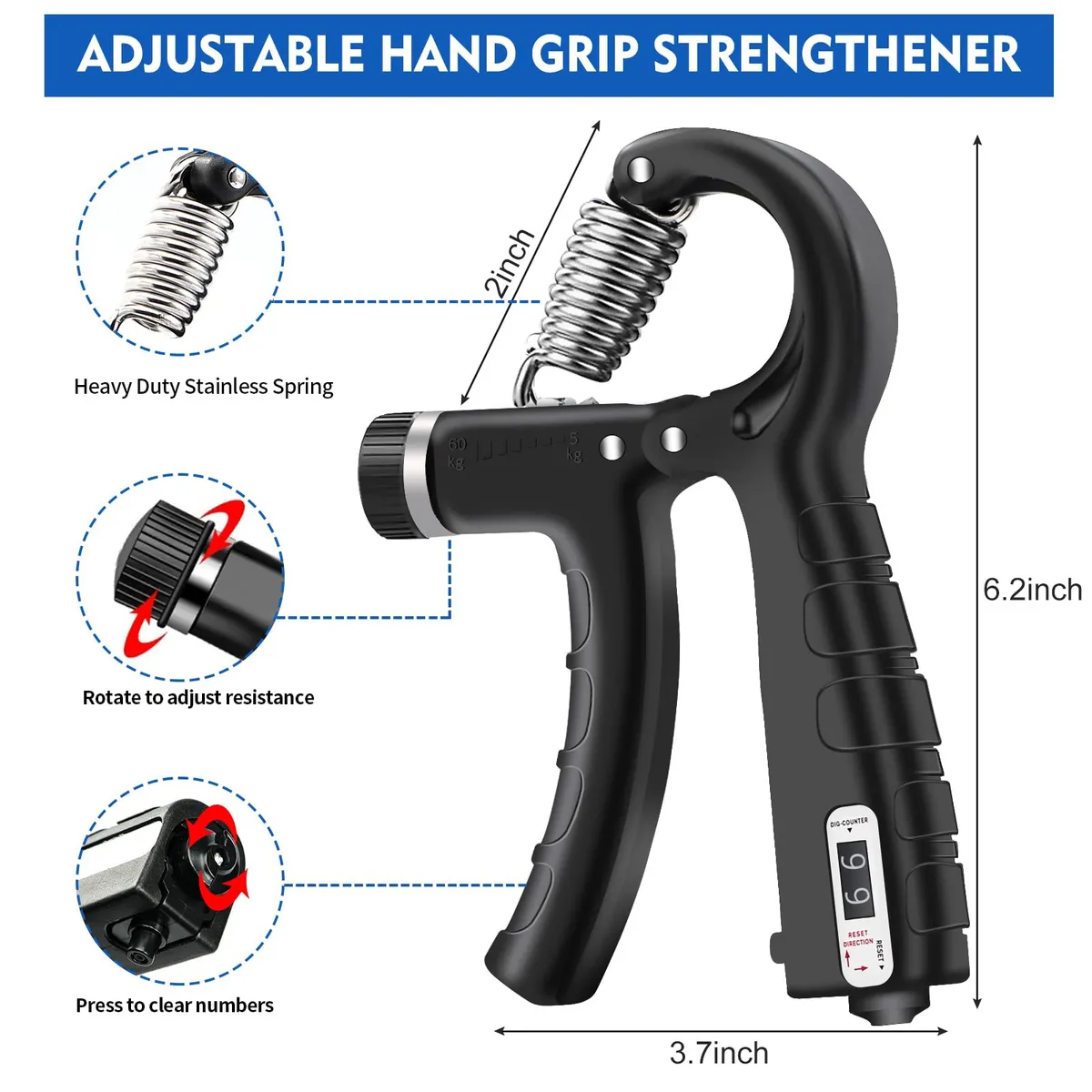 EVERSO - Set Hand Grip Ejercitador Manos Y Antebrazo Fitnics 10-60 Kg