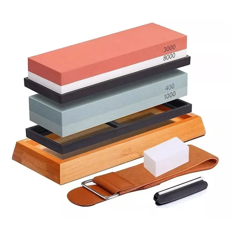 EVERSO - Set Piedras De Afilar 4001000 30008000 + Base Bambú + Guía