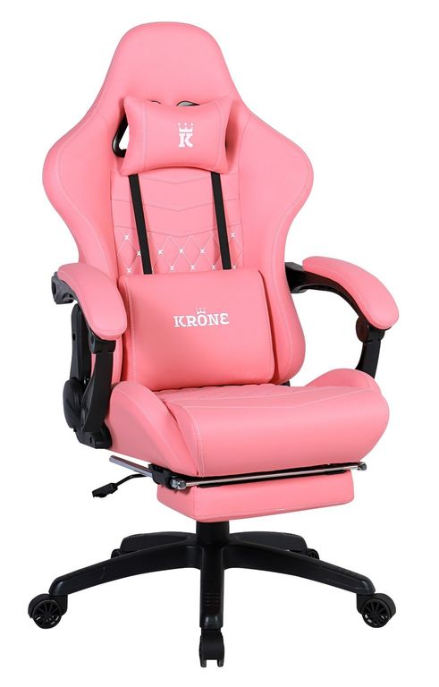 KRONE GAMING - Silla Gamer Oficina Krone XL  Masajeador Lumbar  Apoyapiés - Rosada