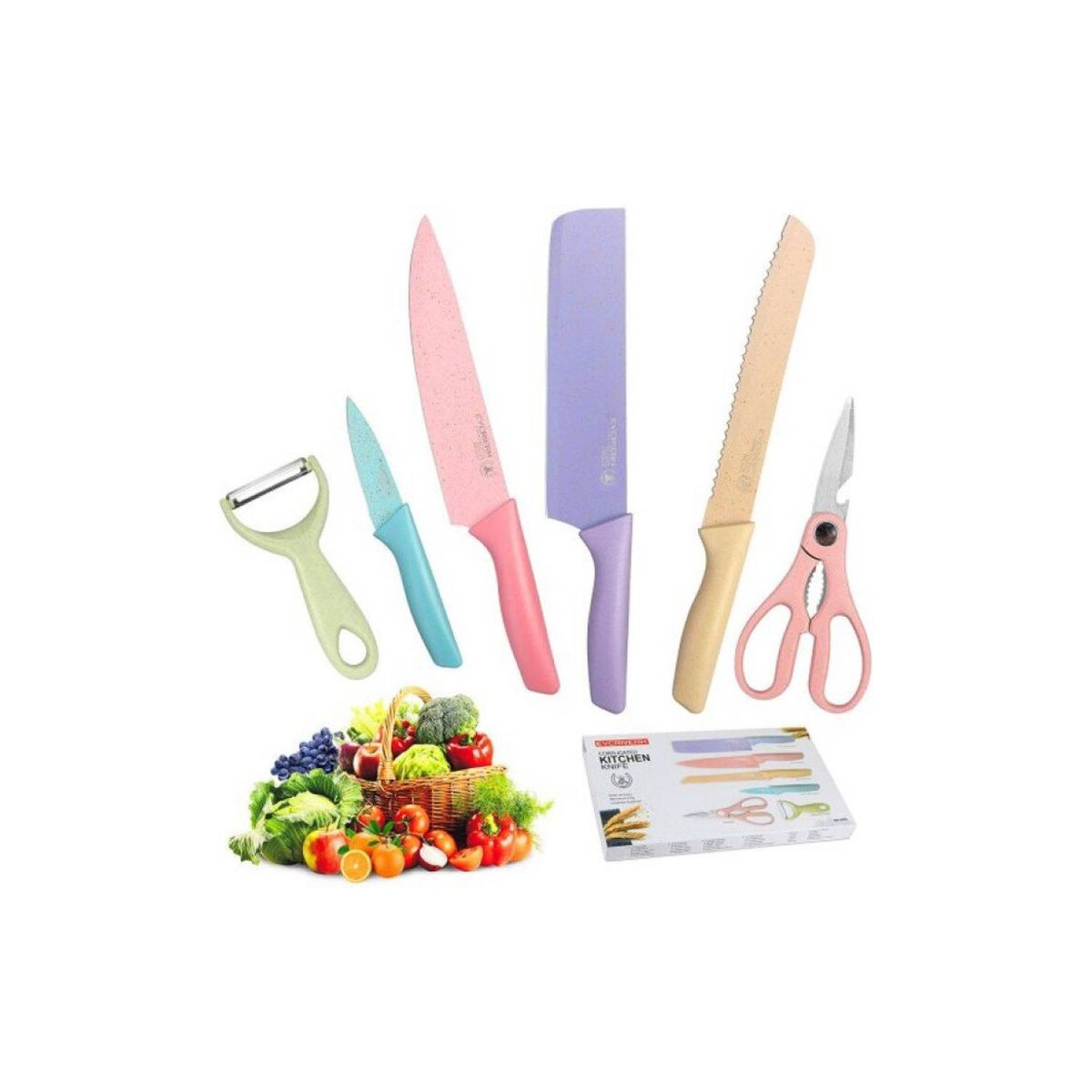 GENERICO - Set Cuchillos Tijera Pelador 6 Piezas Colores Pastel
