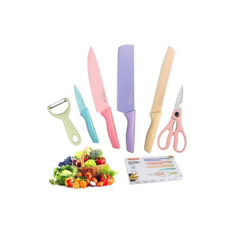 GENERICO - Set Cuchillos Tijera Pelador 6 Piezas Colores Pastel