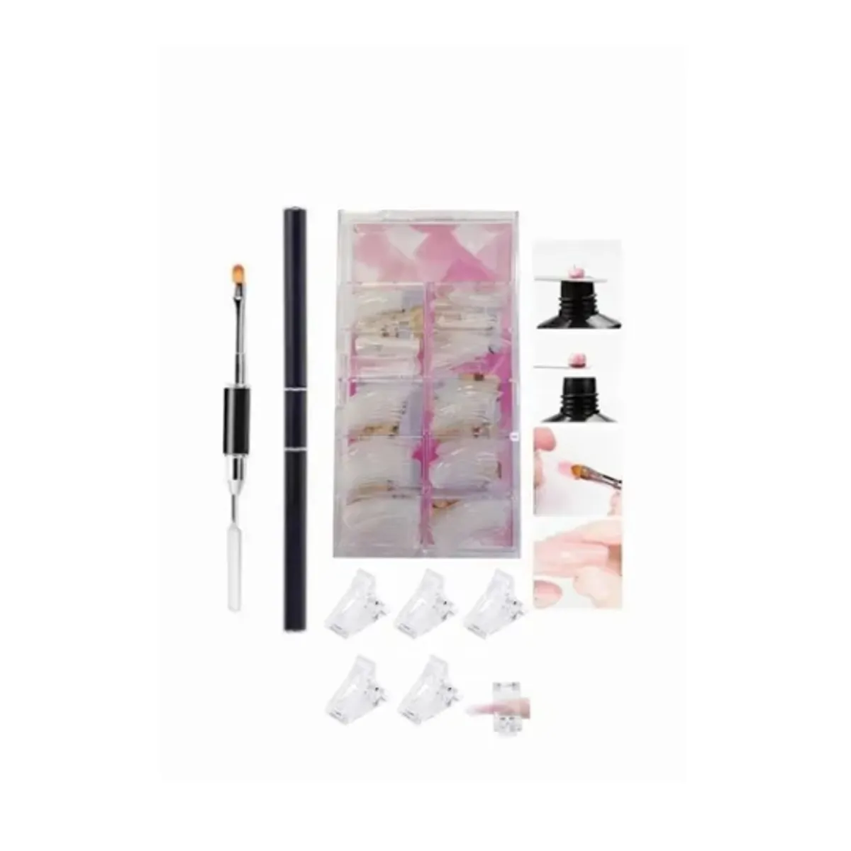 GENERICO - 5 Pinzas Polygel + Pincel + 100 Moldes Tips Dual System