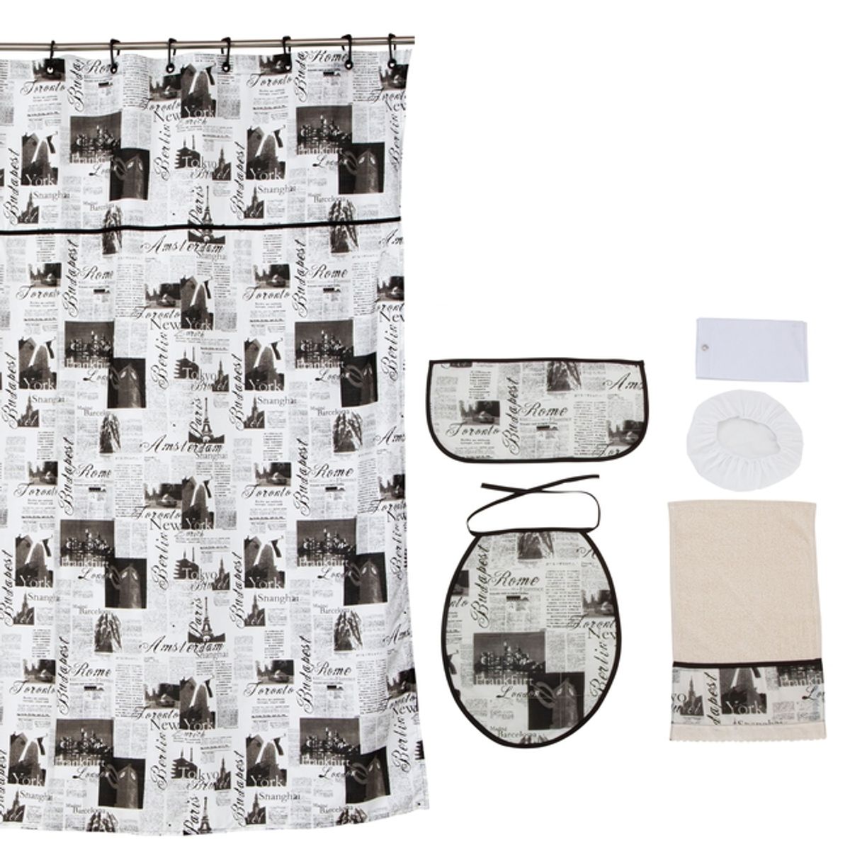 GENTILE - Cortina y Set de Baño 7 Piezas Diseño Diario  180x 180 cms.