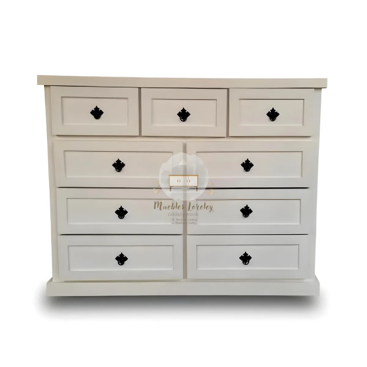 RUSTIC STYLE - COMODA MADERA 9 CAJONES BLANCA Y TIRADOR NEGRO