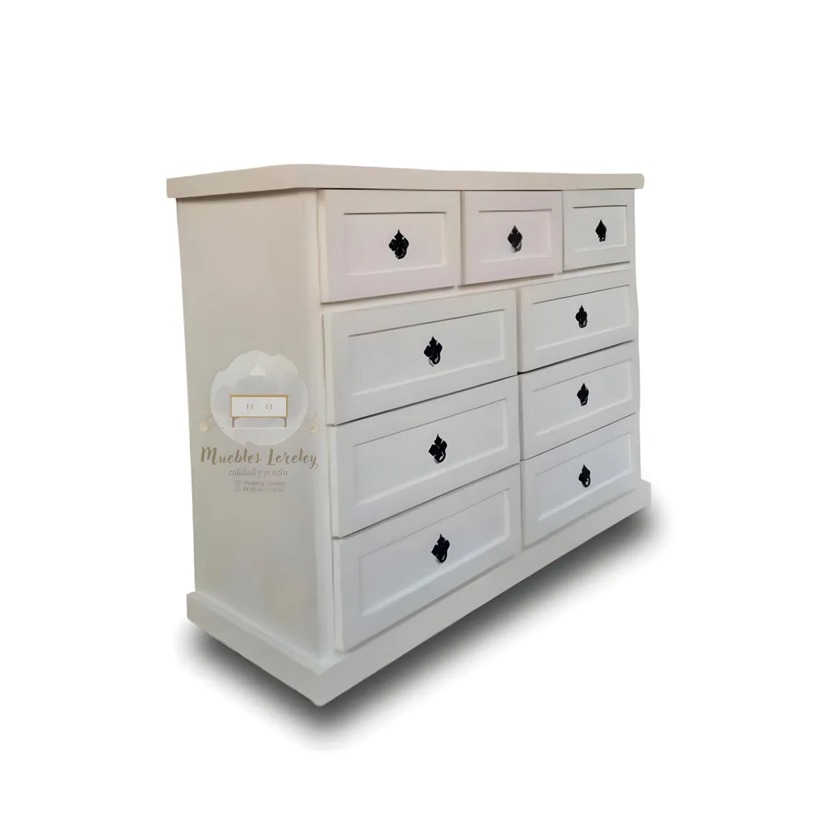 RUSTIC STYLE - COMODA MADERA 9 CAJONES BLANCA Y TIRADOR NEGRO