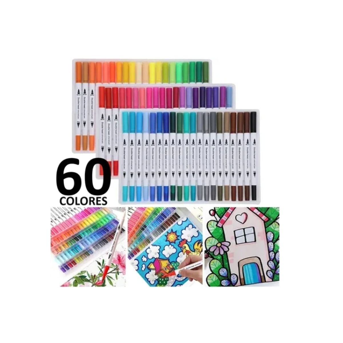 ESHOPANGIE - 60 Marcadores De Doble Punta Tipo Pincel Colores