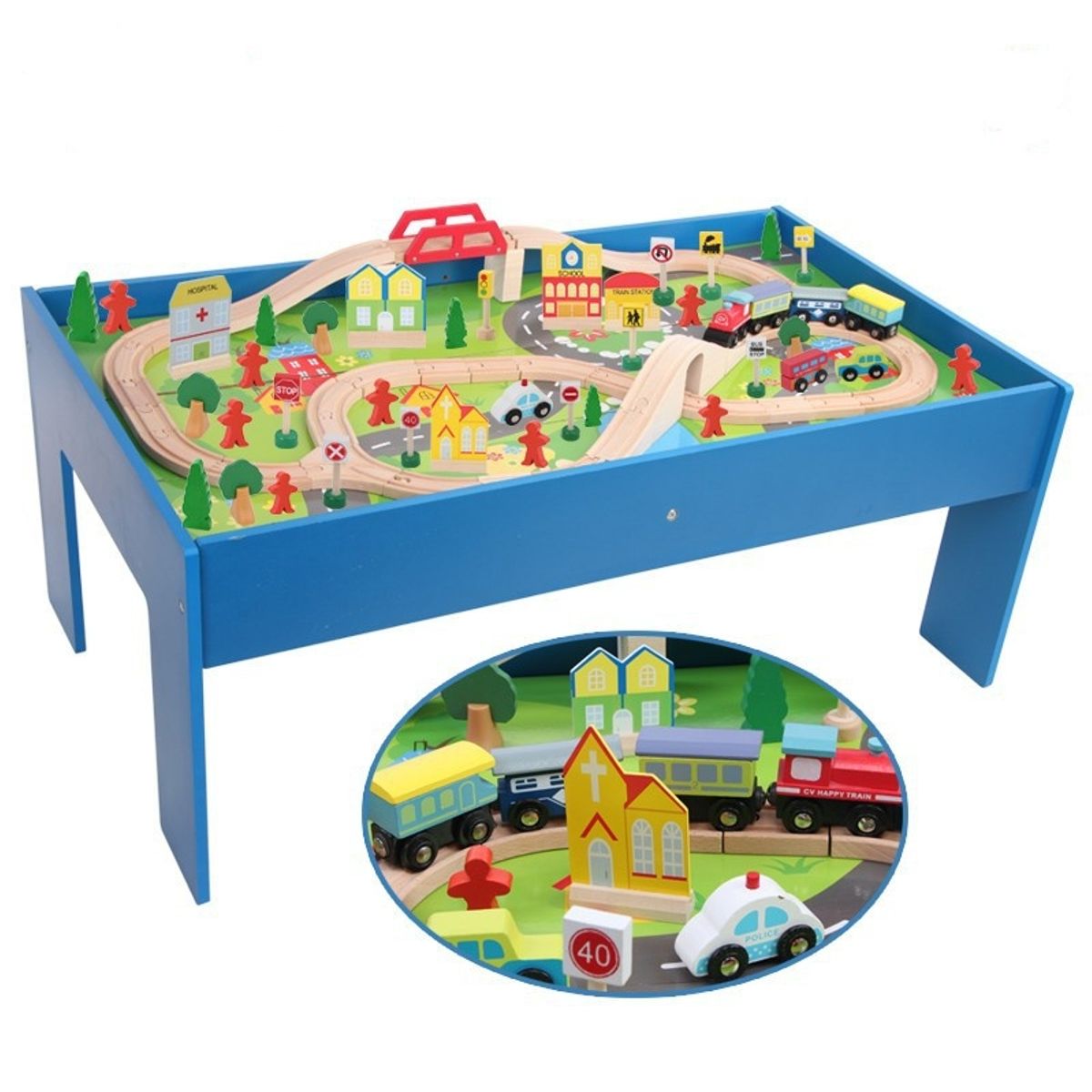 ONSHINE - MESA EDUCATIVA AZUL CON PISTA DE TRENES DE MADERA