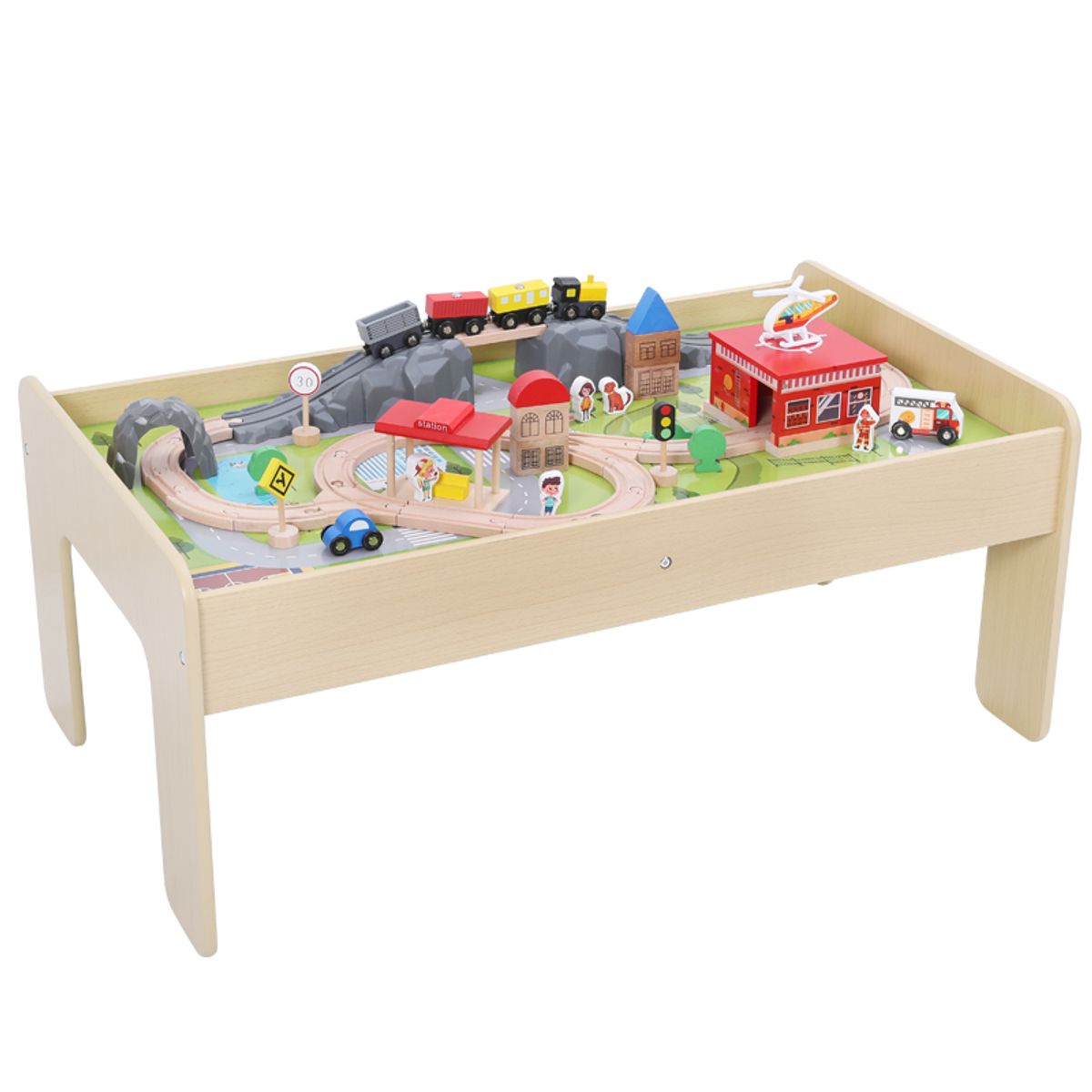 ONSHINE - MESA EDUCATIVA AZUL CON PISTA DE TRENES DE MADERA