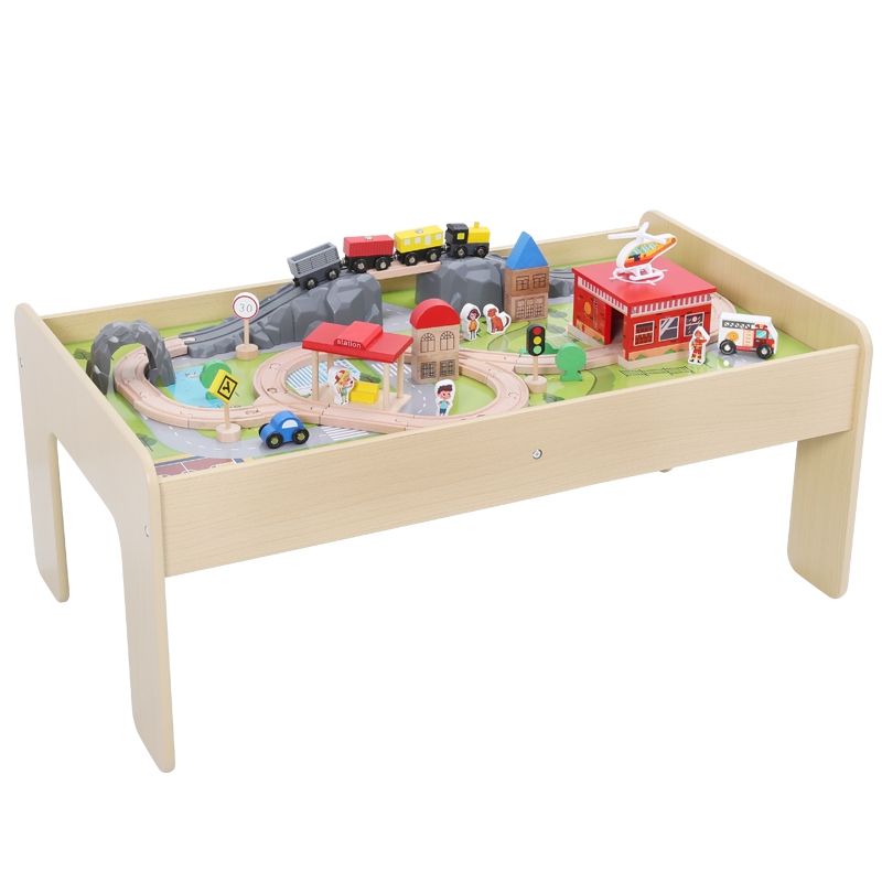 ONSHINE - MESA EDUCATIVA AZUL CON PISTA DE TRENES DE MADERA