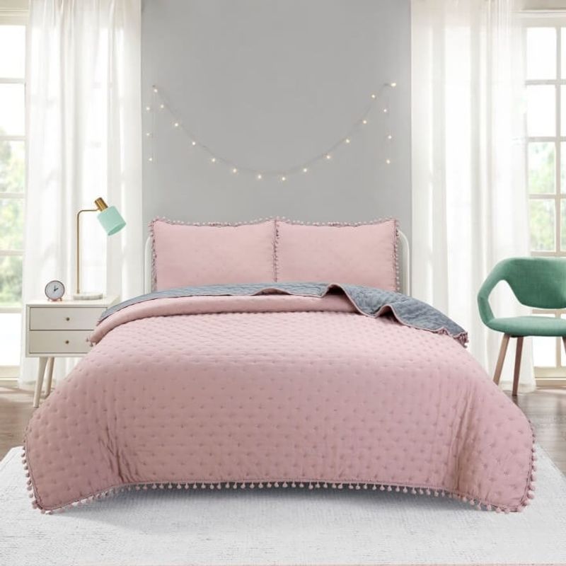 GENERICO - Cubre Cama Verano de Algodón con PomPon ROSADO