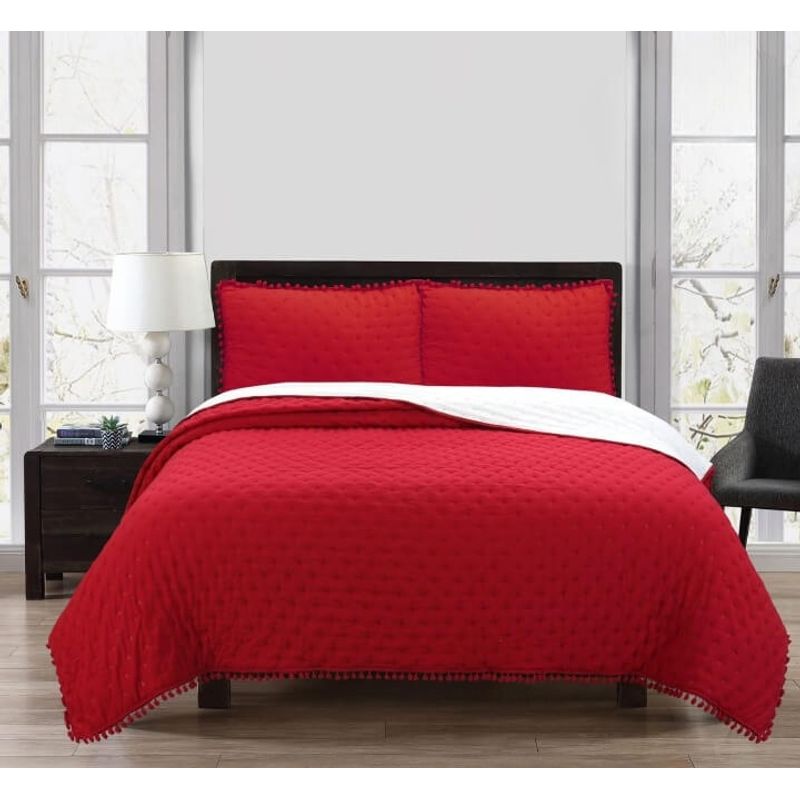 GENERICO - Cubre Cama Verano de Algodón con PomPon ROJO ITALIANO