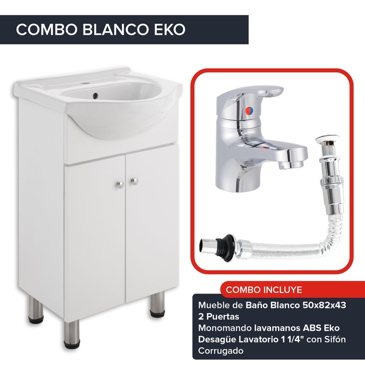DUSCHY - COMBO MUEBLE DE BAÑO BLANCO 500X820X430 CON GRIFERIA Y DESAGUE