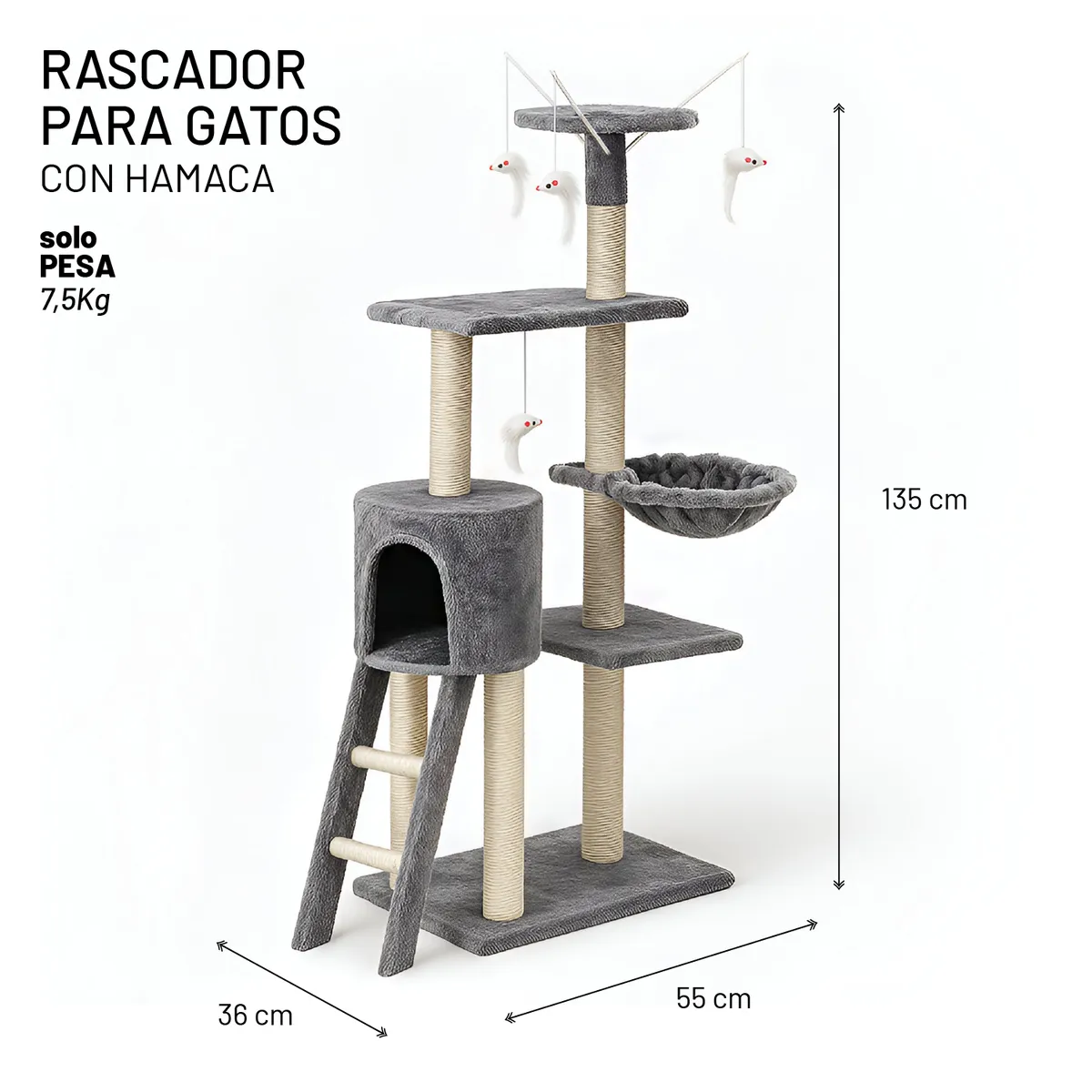 PETWOOW - Rascador para gatos con hamaca 135x55x36 cm