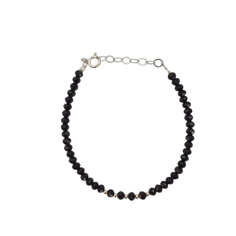 ML JOYAS - Pulsera cristales negro con bolitas de plata separadas
