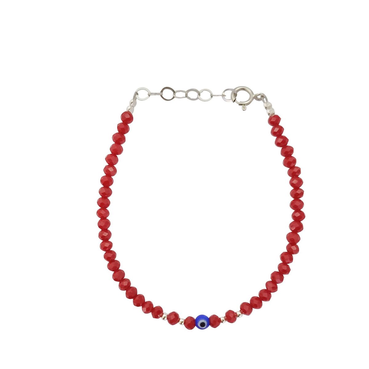 ML JOYAS - Pulsera cristales rojos intercalada con bolitas de plata y ojo turco