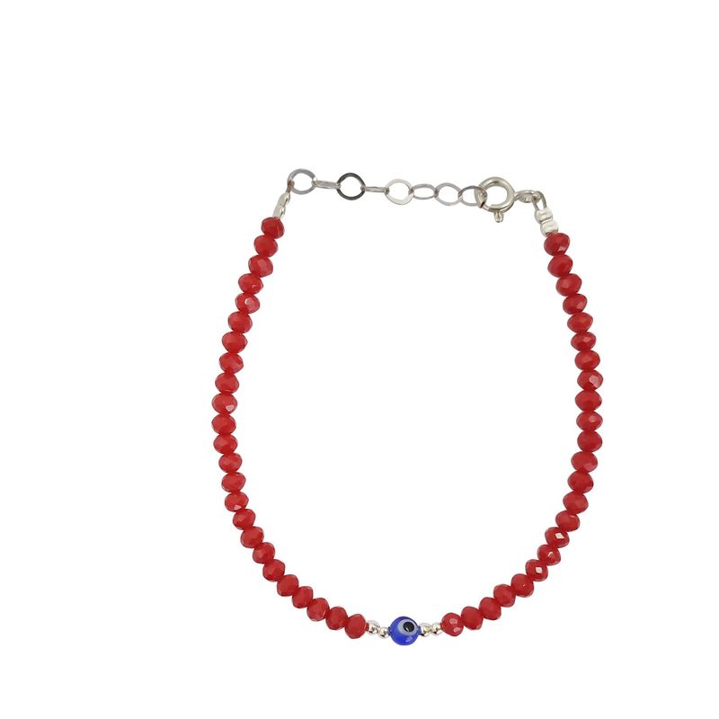 ML JOYAS - Pulsera mujer cristales rojos con ojo turco y bolitas de plata