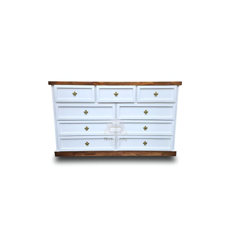 RUSTIC STYLE - COMODA 9 CAJONES BLANCA Y NOGAL