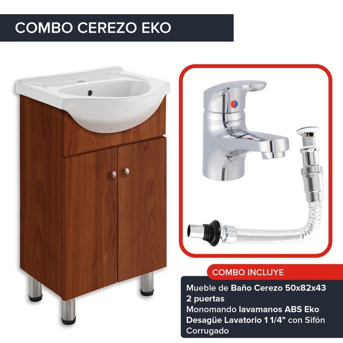 DUSCHY - COMBO MUEBLE DE BAÑO CEREZO 500X820X430 CON GRIFERIA Y DESAGUE