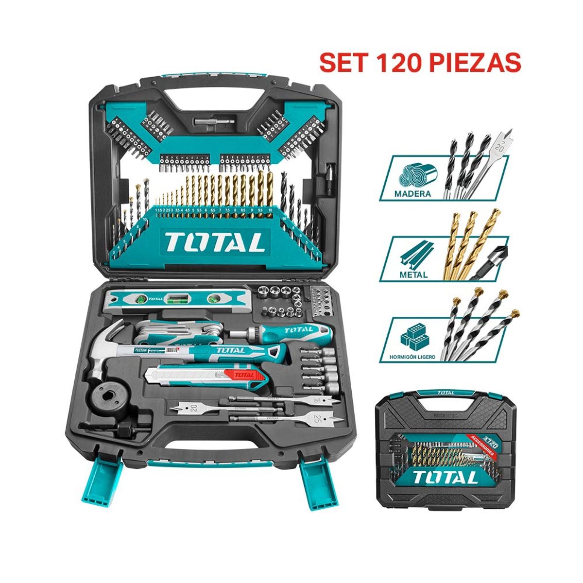 TOTAL TOOLS - Set de Herramientas y Accesorios 120 Piezas + Maleta Total