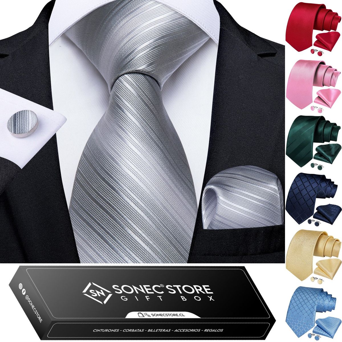 SONEC - Corbata Seda Hombre en caja regalo con paño y colleras a elección
