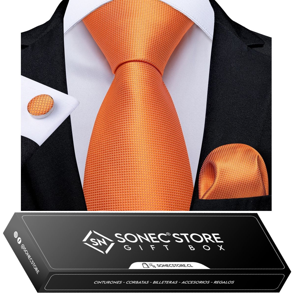 SONEC - Corbata Seda Hombre en caja regalo con paño y colleras a elección