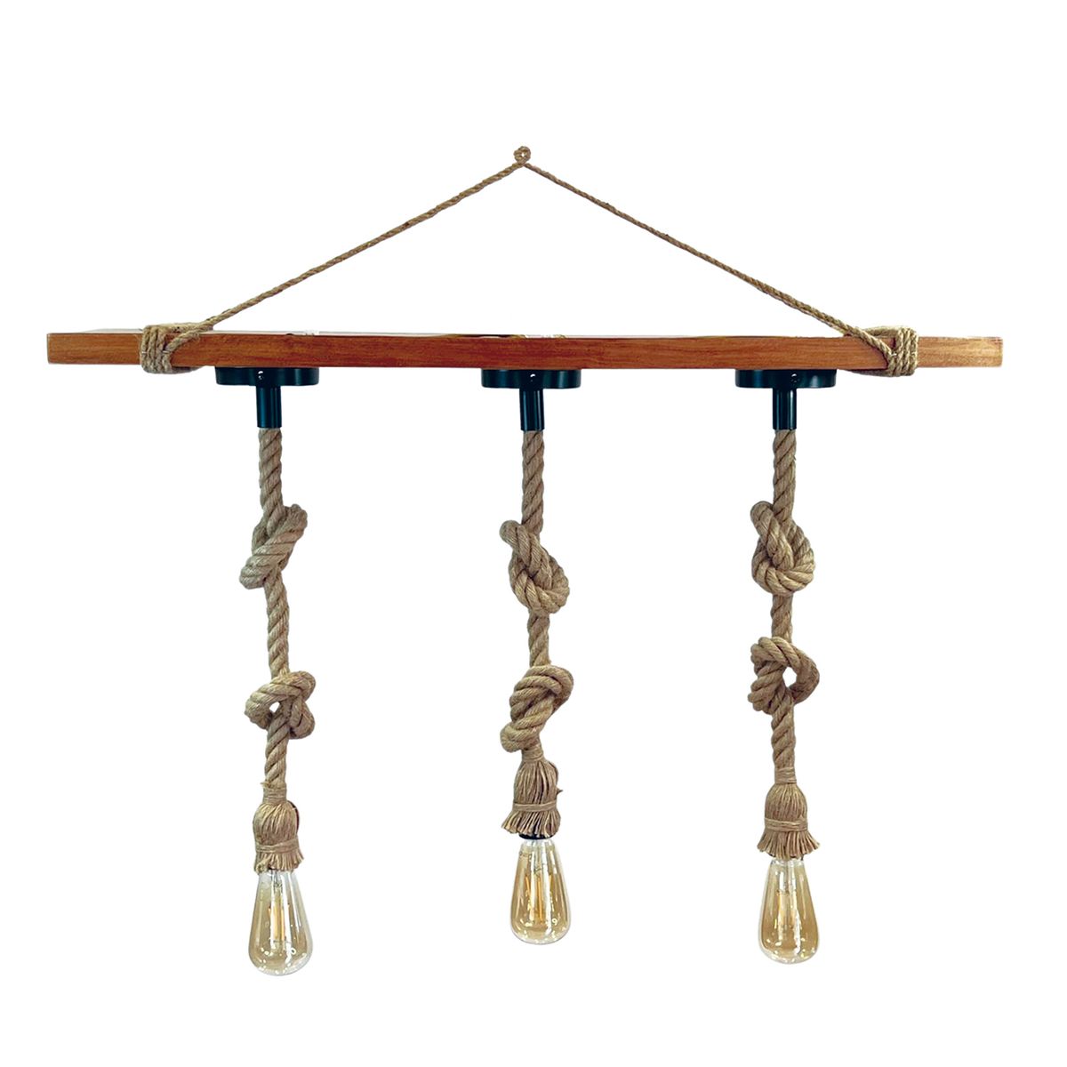 WANT - Lámpara Colgante Madera Con Cáñamo Tres Luces E-27