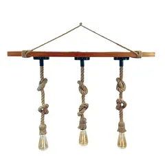 HB LEDS - Lámpara Colgante Madera Con Cáñamo Tres Luces E-27