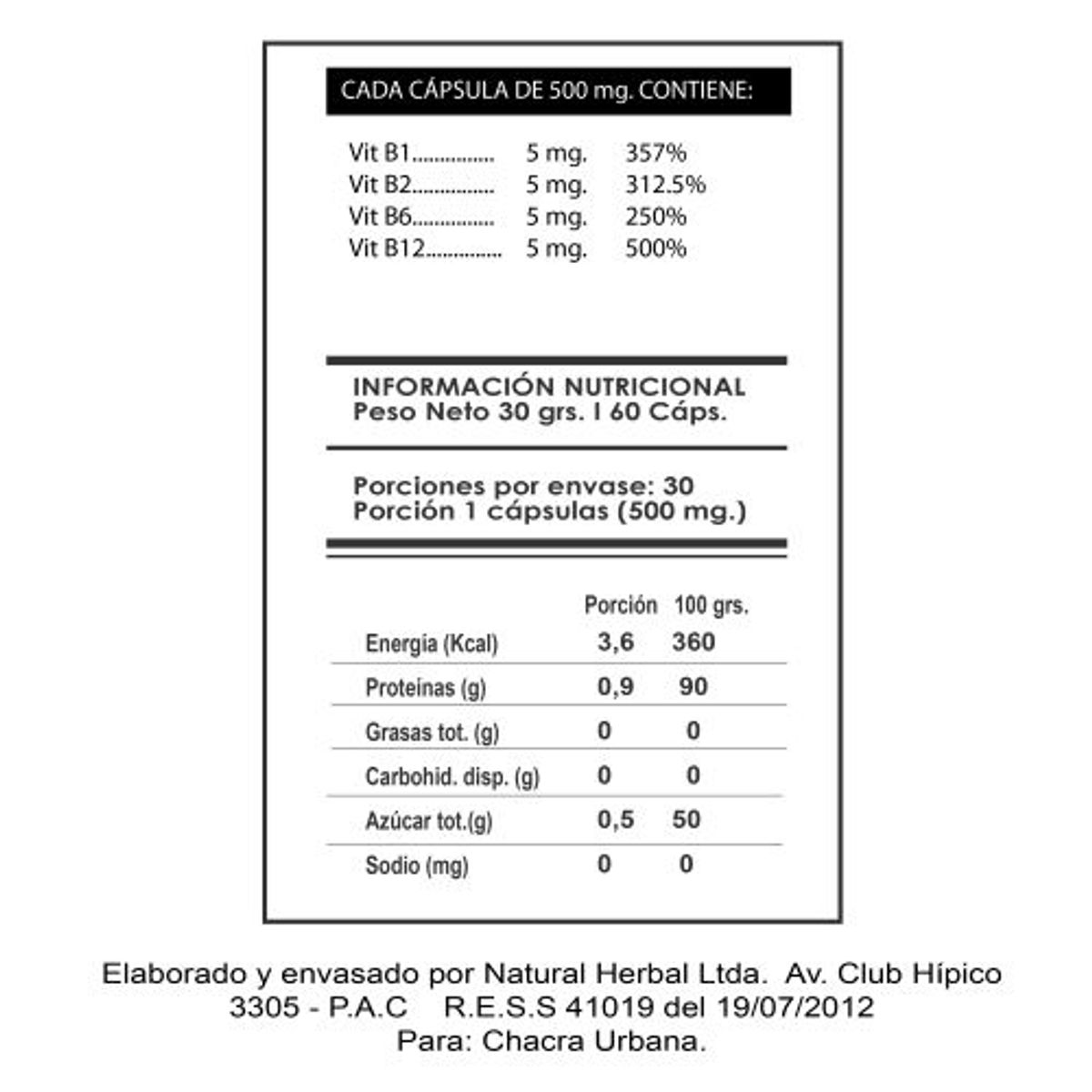 GENERICO - Complejo B, 60 capsulas de 500mg, Multivitaminico