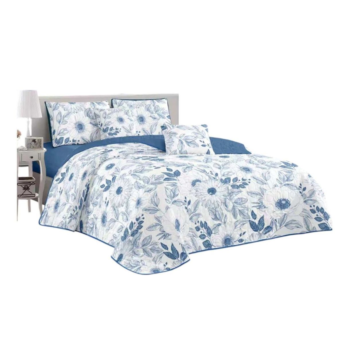 GENERICO - Cubrecama Quilt Verano 2 Plazas - Blanco Azul Flores MEI3