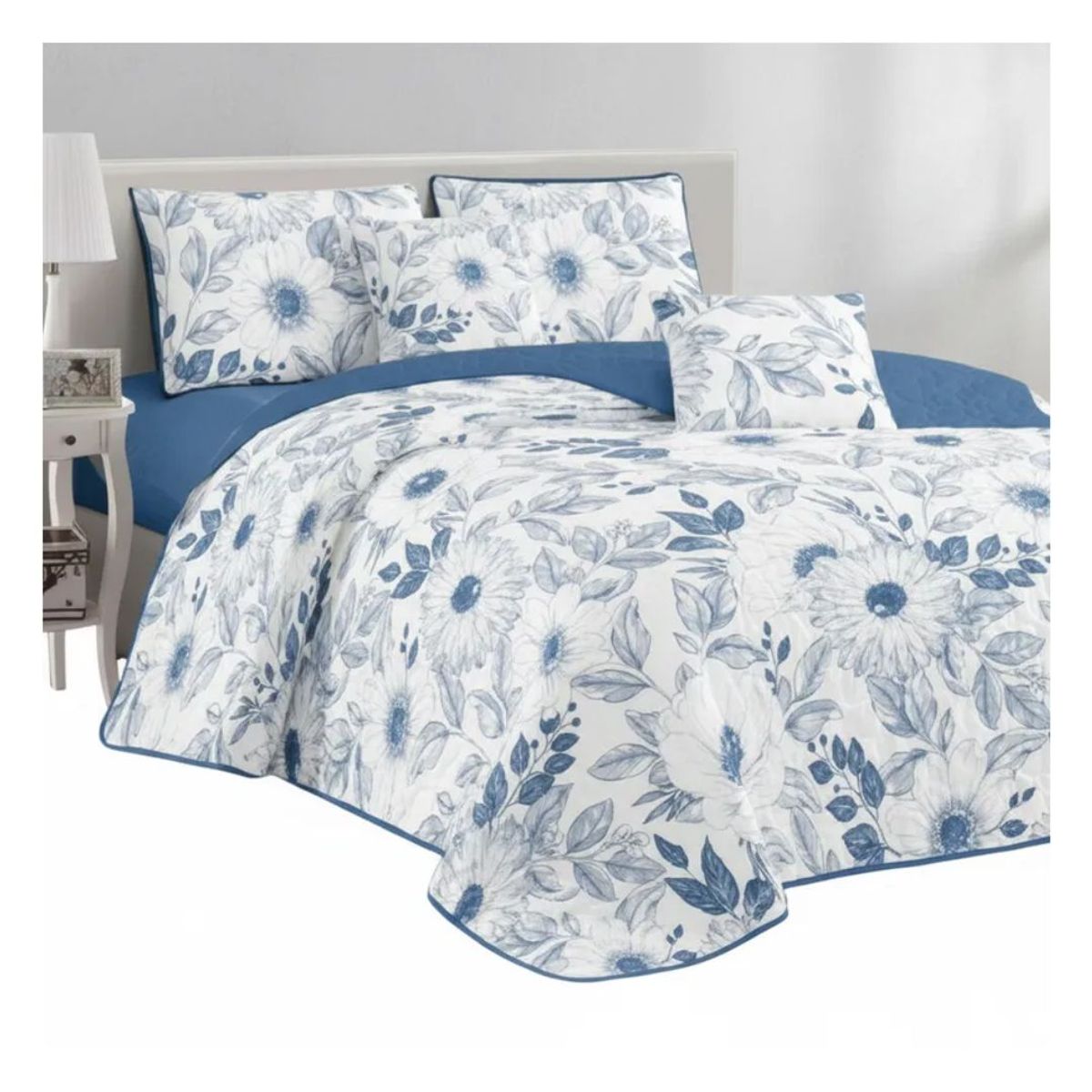 GENERICO - Cubrecama Quilt Verano 2 Plazas - Blanco Azul Flores MEI3
