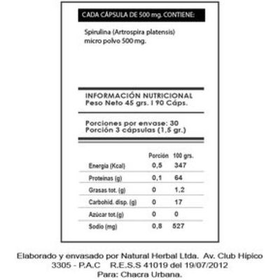Imagen 2 del producto Espirulina, 90 capsulas de 500 mg Spirulina