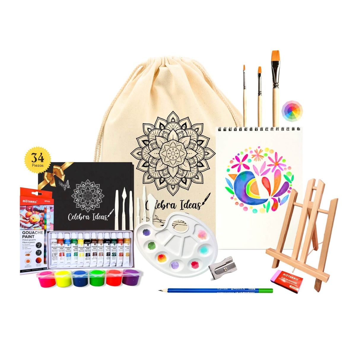 CELEBRA IDEAS - Set Arte Pinturas Gouache + Témperas Flúor atril 34 piezas