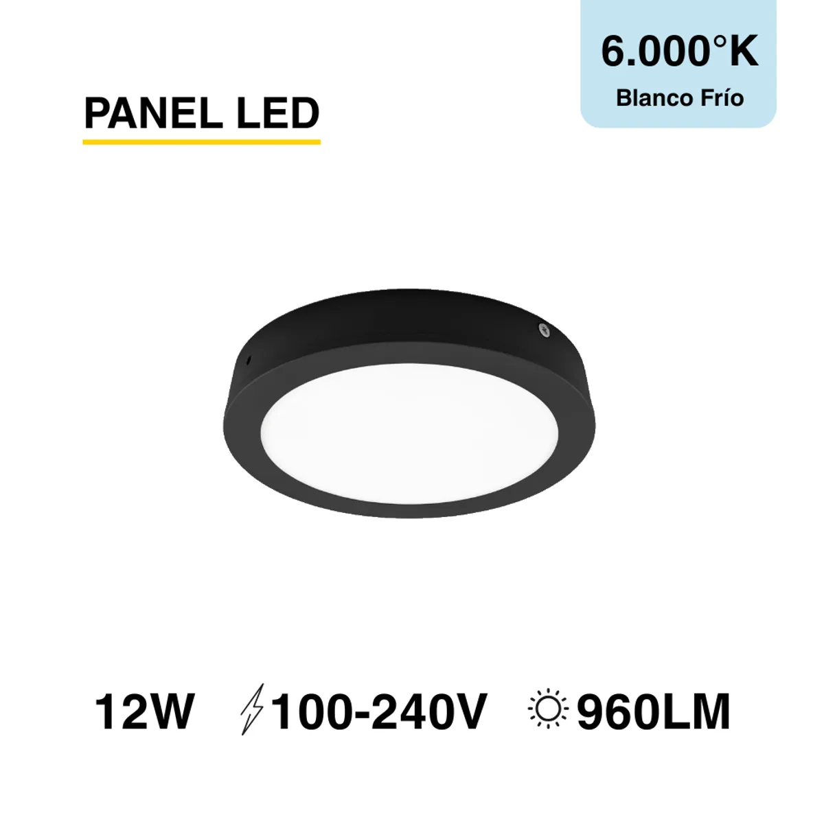 DEMASLED - Foco LED redondo Borde Negro Sobrepuesto 17cm 12W Luz Fría 220V