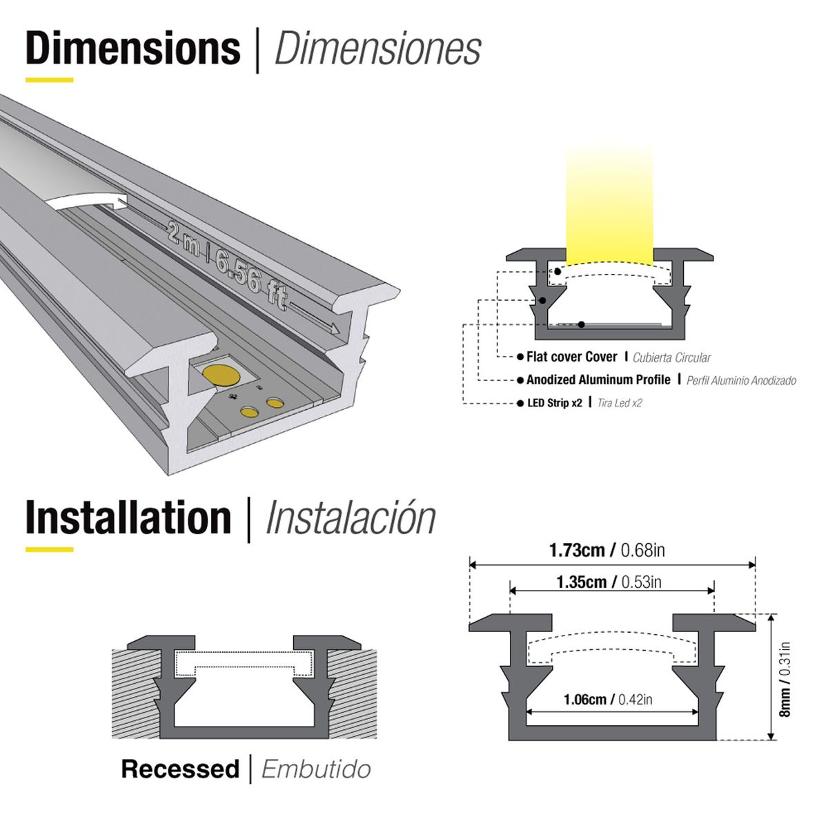 DEMASLED - Perfil Aluminio Difusor Plano Opal Cinta Led Embutir 17x8mm