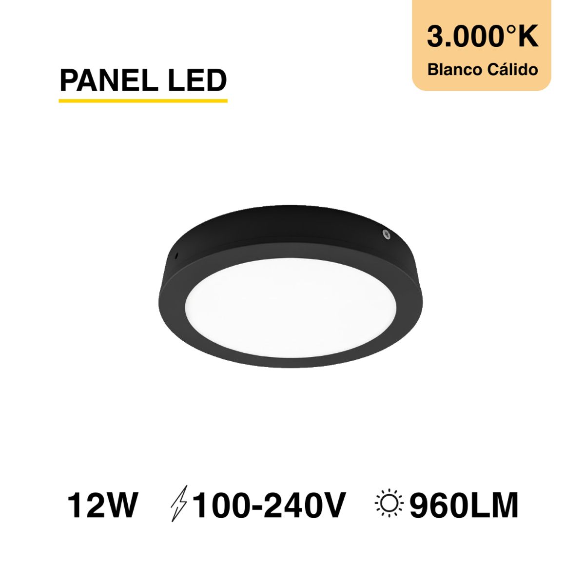 DEMASLED - Foco LED redondo Borde Negro Sobrepuesto 17cm 12W Luz Cálida 220V