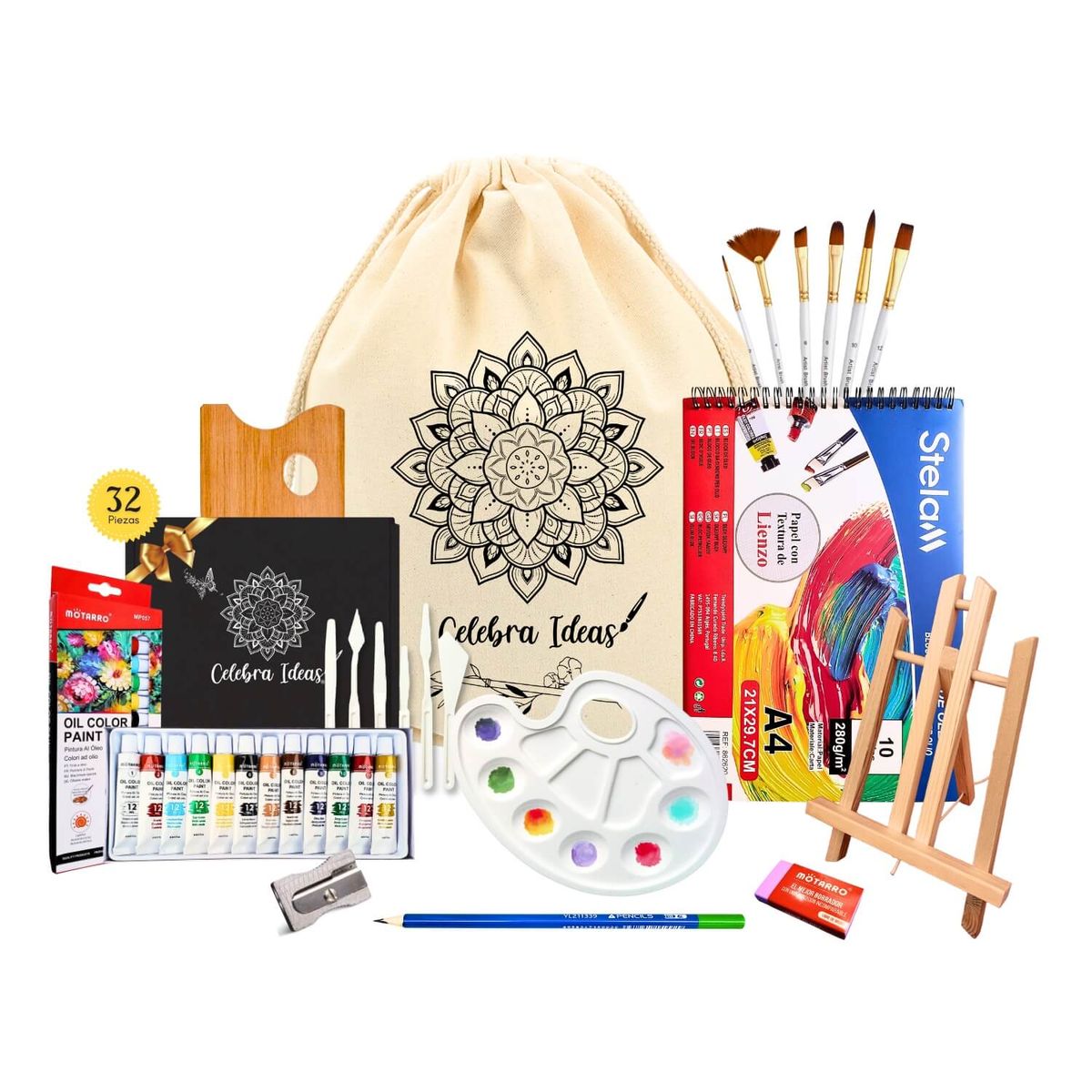CELEBRA IDEAS - Set Arte kit pinturas óleos c Atril y croquera lienzos