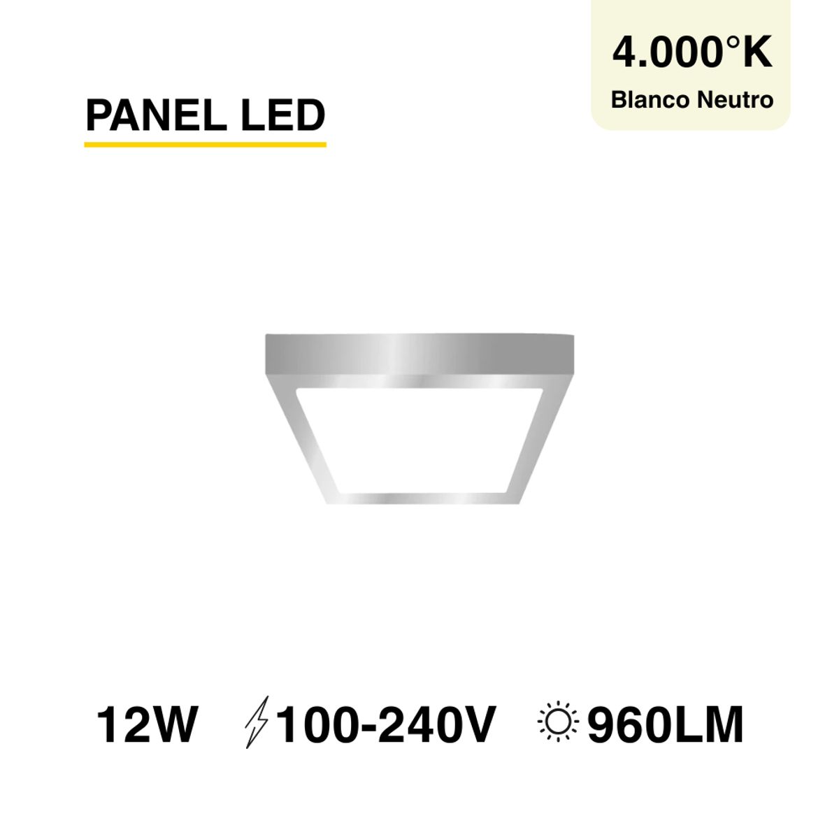 DEMASLED - Foco LED Cuadrado Borde Niquelado Sobrepuesto 17x17Cm 12W Luz Neutra