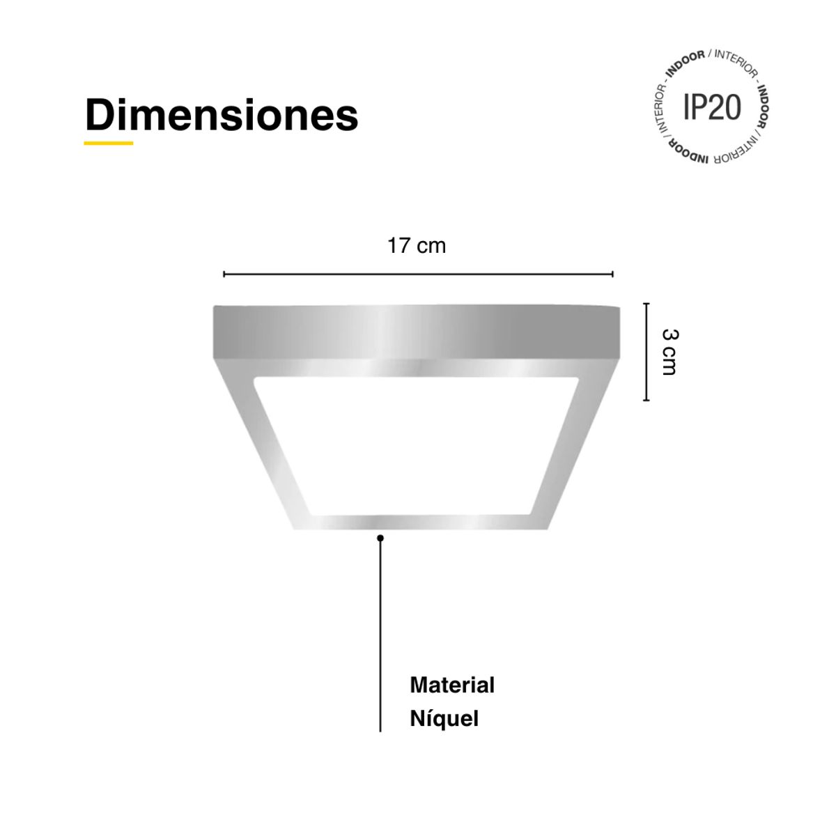 DEMASLED - Foco LED Cuadrado Borde Niquelado Sobrepuesto 17x17Cm 12W Luz Neutra