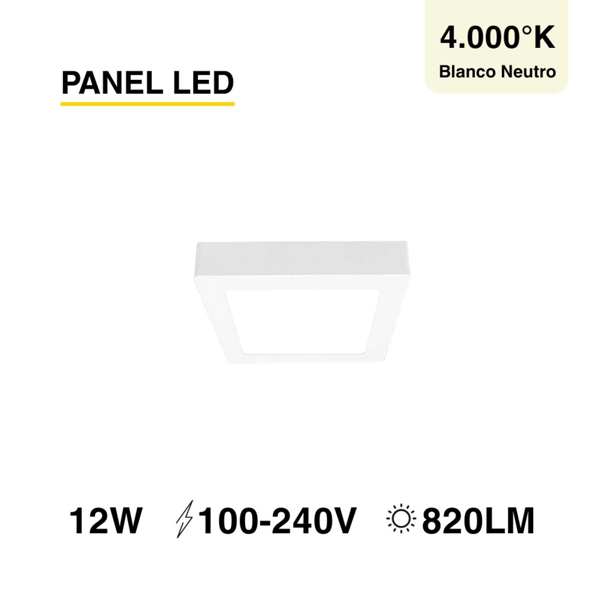 DEMASLED - Foco LED Cuadrado Borde Blanco Sobrepuesto 17cmx17Cm 12W Luz Neutra