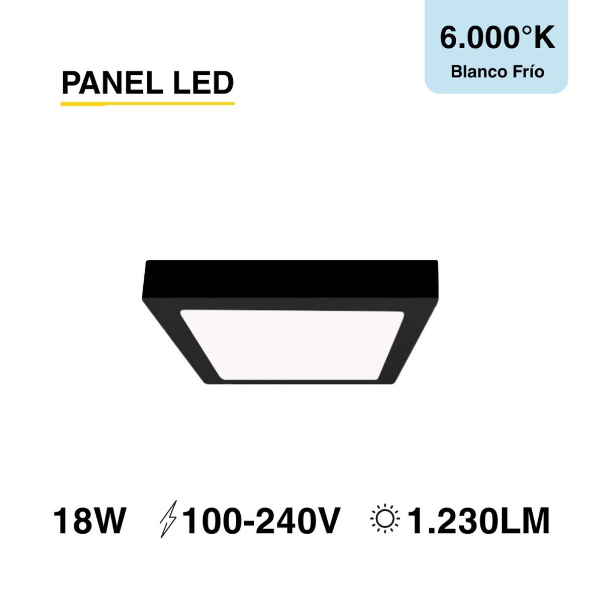 DEMASLED - Foco LED Cuadrado Borde Negro Sobrepuesto 22cmx22Cm 18W Luz Fría