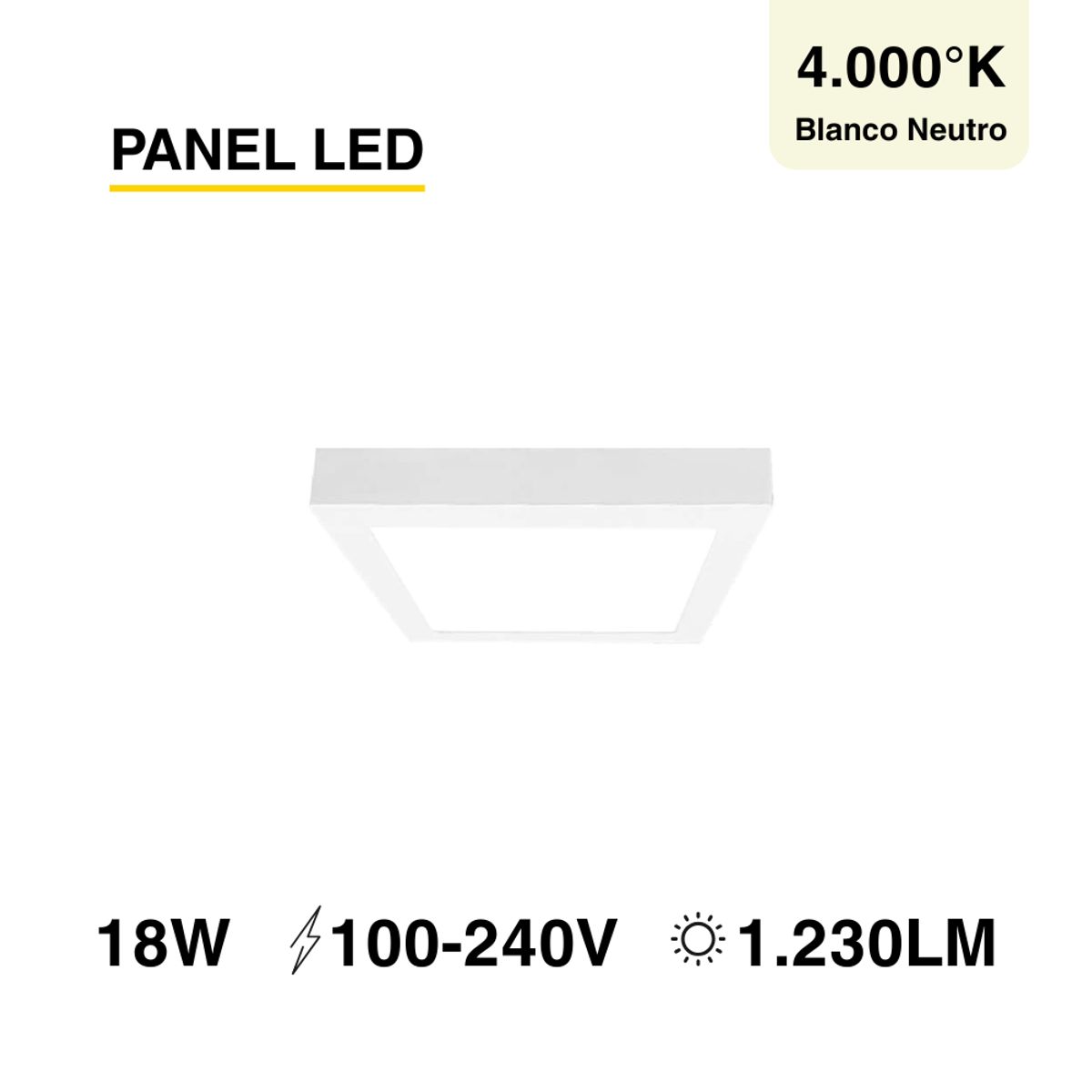 DEMASLED - Foco LED Cuadrado Borde Blanco Sobrepuesto 22cmx22Cm 18W Luz Neutra