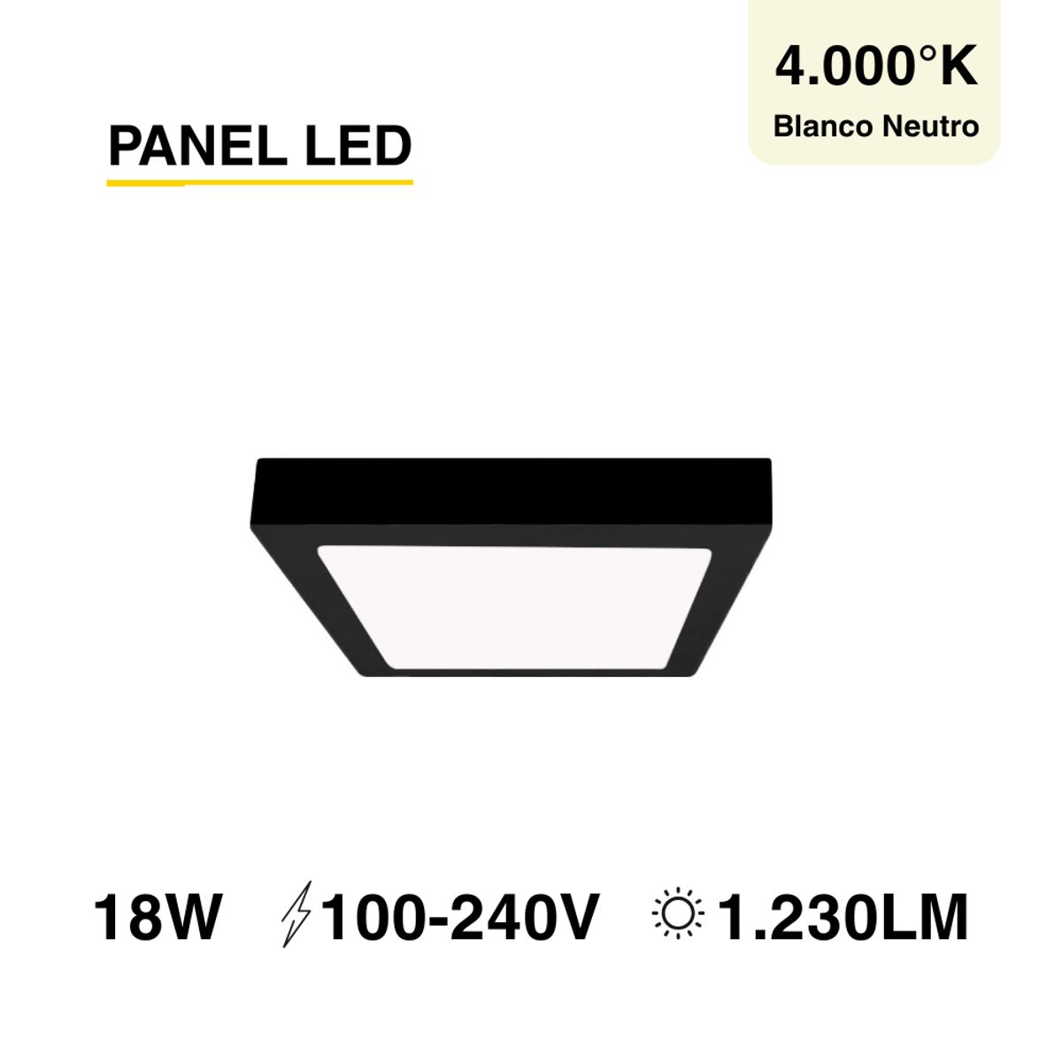 DEMASLED - Foco LED Cuadrado Borde Negro Sobrepuesto 22cmx22Cm 18W  Luz Neutra