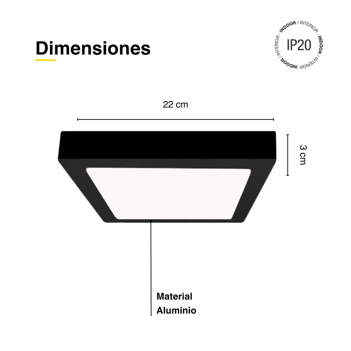 DEMASLED - Foco LED Cuadrado Borde Negro Sobrepuesto 22cmx22Cm 18W  Luz Neutra