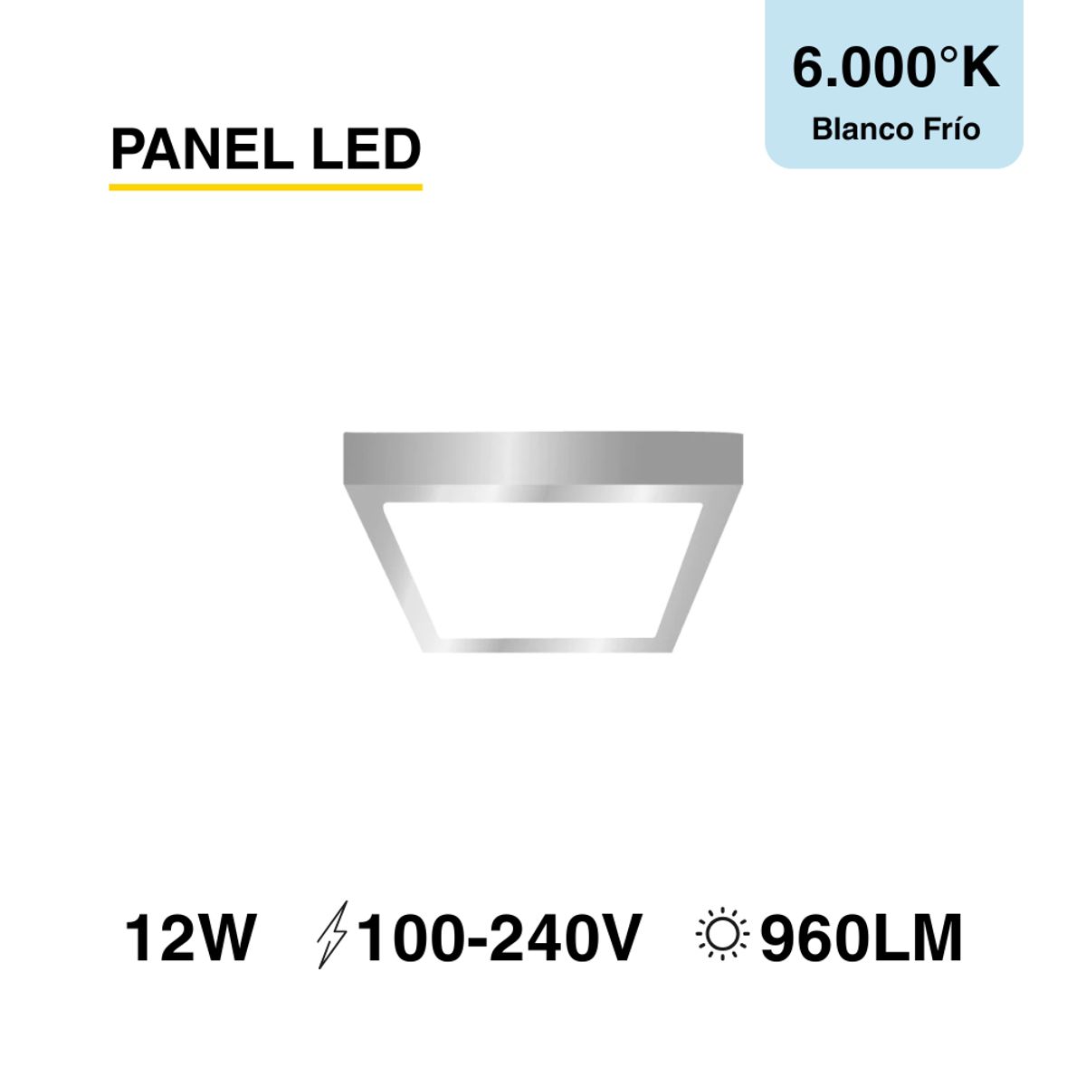DEMASLED - Foco LED Cuadrado Borde Niquelado Sobrepuesto 17x17Cm 12W LuzFría 220V