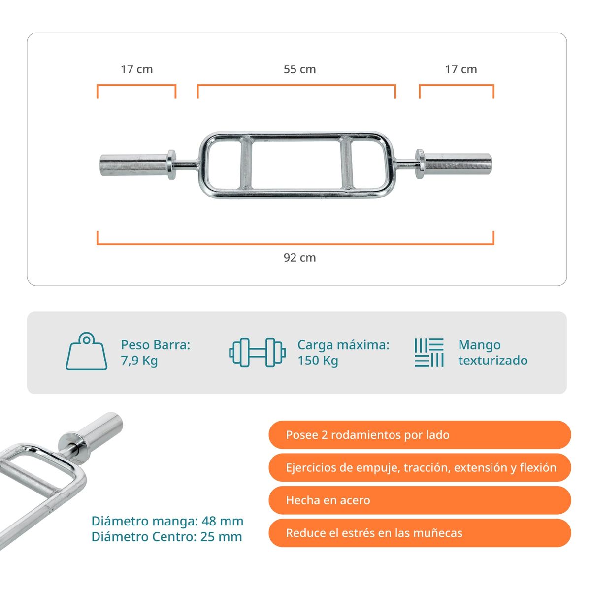 BODYTRAINER - Barra Olimpica Bodytrainer Romana 8,2 KG 1,2M